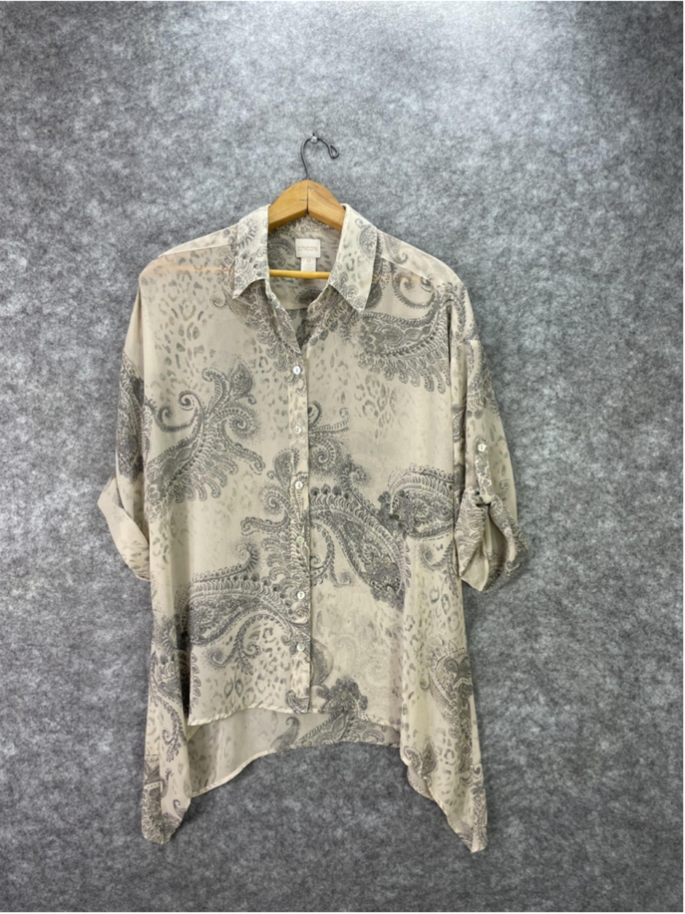 Chicos Shirt Womens Small 0 Beige Paisley Sheer Button Front Blouse Top